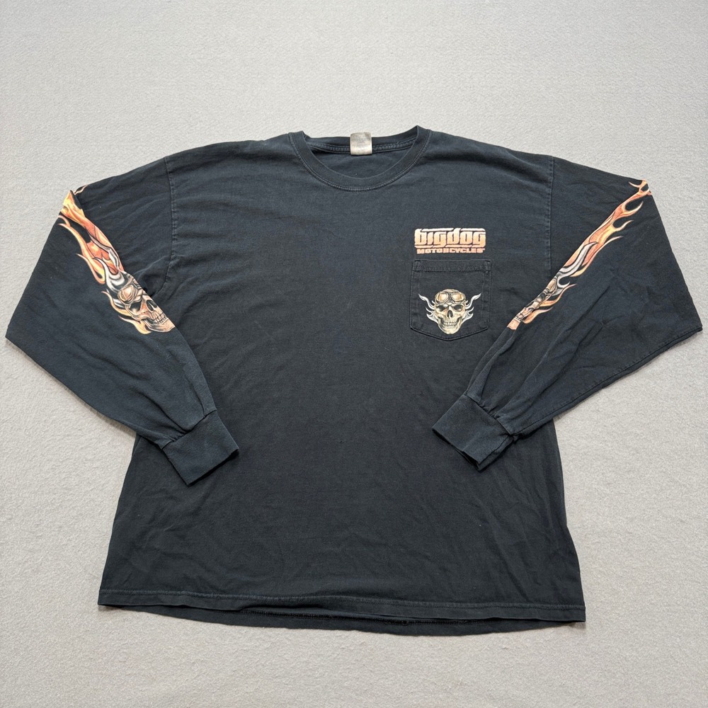 Big Dog Motorcycles Flaming Skull Shirt XL Long Sleeve Black Flame Sleeves Y2K